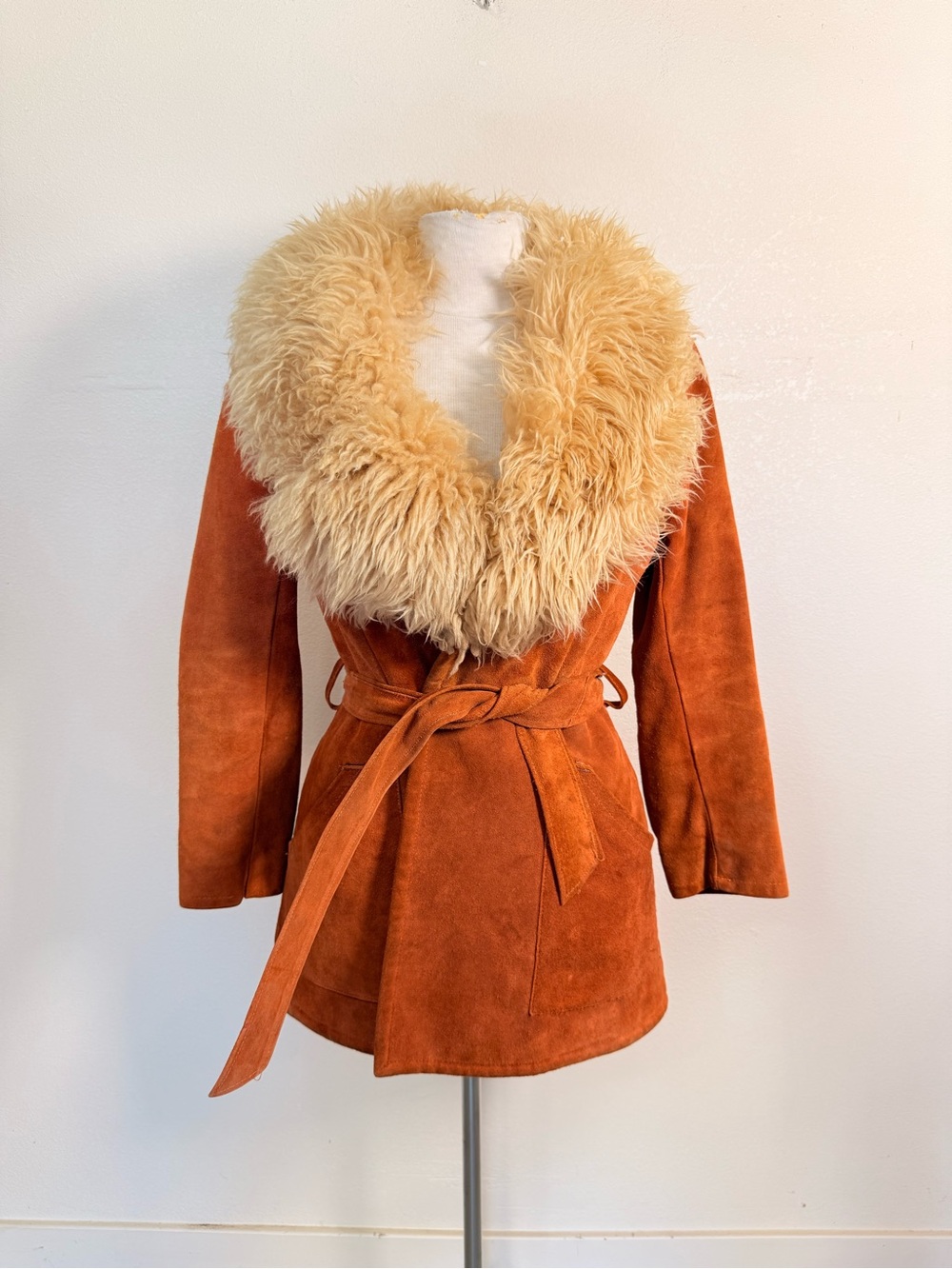 Vntg 70s Pennylane Boho Suede Mongolian Lamb Fur Coat Belted Shag Stevie Nicks